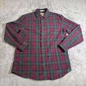 LL Bean Flannel Shirt Mens Large Tall Red Green Plaid Slightly Fitted Cotton